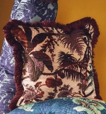 Anthropologie House of Hackney Pampas Velvet Fringed Pillow Pink Square New - Image 1 of 4