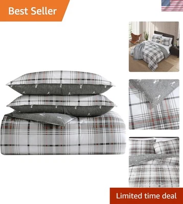 Juego de edredón reversible Queen para todas las estaciones en algodón suave a cuadros - gris aliso/rojo Foto 1 de 4