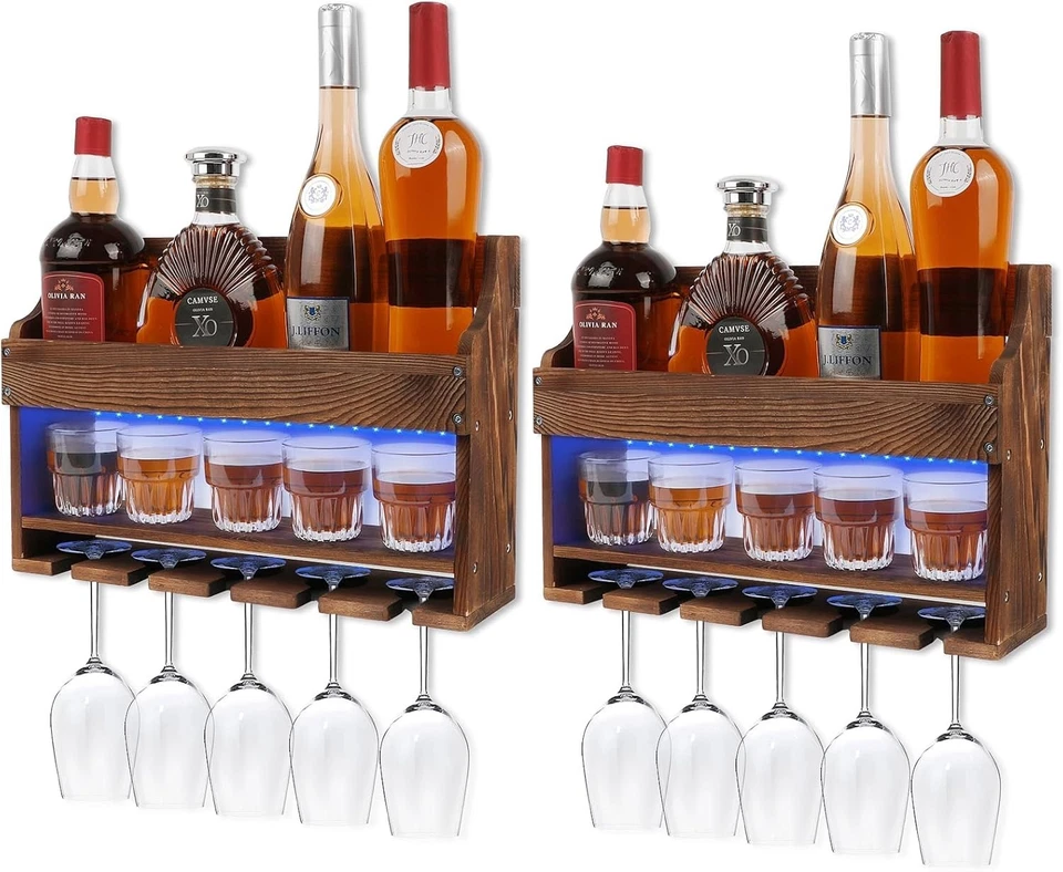 Paquete de 2 estantes de vino de madera montados en la pared con luz LED y soporte de vidrio Foto 1 de 4