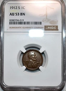 NGC AU-53 BN 1912-S Lincoln Cent, Lustrous, Chocolate-Brown specimen. - Picture 1 of 2