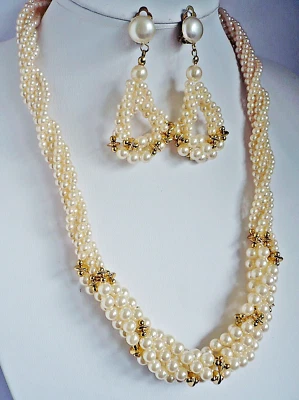 2-teilig  Schmuck SET gold gedreht Ohrclips Ohrringe + Kette Perlen creme NEU - Bild 1 von 4