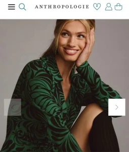 Maeve Ruched Button Up Shirt In Green Motif Anthropologie Size Medium / Small💚 - Picture 1 of 11