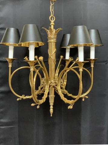 Vintage Stately French Hunt Horn Bugle Brass Bouillotte Lamp Chandelier  2 Avail Cover