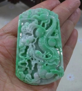 Vintage Natural Type A Emerald Green Jadeite Jade Phoenix Dragon Pendant - Picture 1 of 8