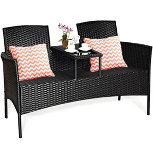 Patio Wicker Loveseat Outdoor Rattan Bench Furniture w/ Tea Coffee Table Cushion - Picture 1 of 6