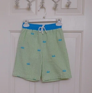 Boys Kelly's Kids Green Gingham Seersucker Swim Shorts With Blue Crabs sz 4-5 - Picture 1 of 2