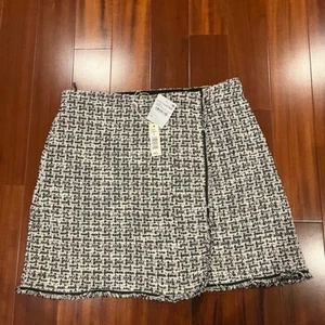 New NWT Max Studio Black White Tweed Skirt Frayed Wrap Boucle Knit Mini Sz Large - Picture 1 of 10