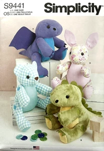 Simplicity Pattern S9441/R11289 13" Plushies Dragon, Dinosaur, Bunny - Picture 1 of 4
