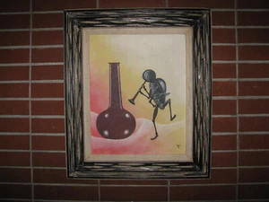 70s BEETLE BUG FLUTEPLAYER Oil Painting NATIVE AMERICAN 'PRAYER FEATHER' vtg - Bild 1 von 10