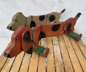 Vintage Wooden Dachshund Pull Toy Pair Hand Painted Dog on Wheels Retro Folk Art - Picture 1 of 15