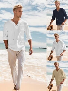 Men's Linen Tee Shirts Cotton Hippie Shirts V Neck Long Sleeve Tunic Yoga Shirt - Picture 1 of 8