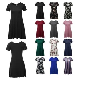 Solid Printed Summer Casual T-Shirt Tunic Swing Dress with Side Pockets - Picture 1 of 13