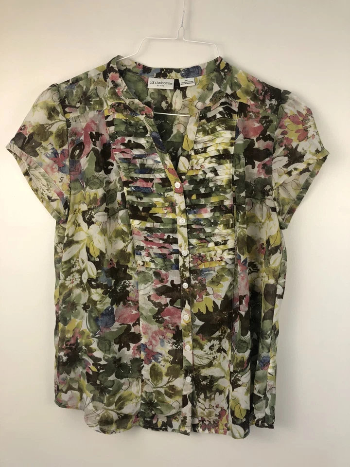 Liz Claiborne Sheer Floral Cap Sleeves Blouse Women's PL Feminine Office Work - Image 1 of 4