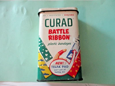 vintage CURAD Battle Ribbon empty tin bandage box made in USA - Image 1 of 4