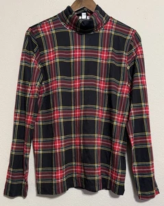 NUEVO CON ETIQUETAS J. Top de cuello alto a cuadros Crew 100 % algodón tejido rojo/negro camisa de vacaciones L - Imagen 1 de 8