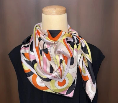 Emilio Pucci geometric multicolor black, orange, white, pink  Square Scarf silk - Image 1 of 4
