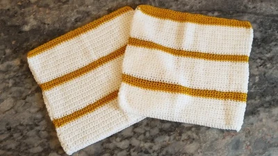 🧶 Handmade Crochet CUSHION COVER - White - Gold Brown STRIPES - Large - OOAK ⭐ - Image 1 of 3