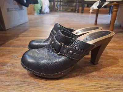 复古 Banana Republic 黑色皮革一脚蹬穆勒鞋高跟鞋 10 码木鞋 — 第 1/4 张图片