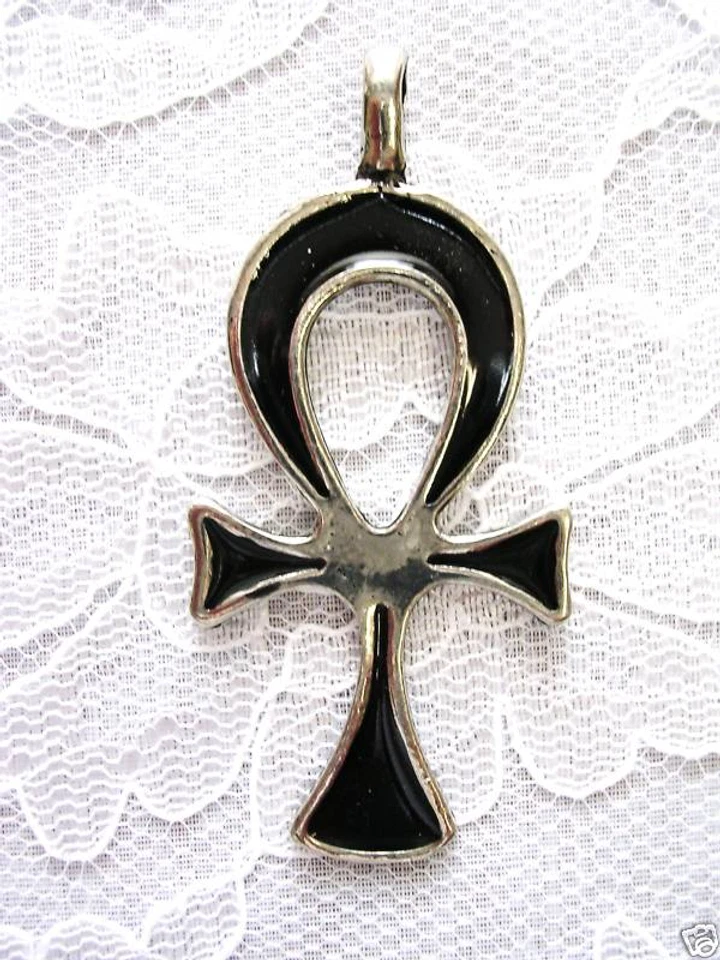 EGYPTIAN ANKH SYMBOL w BLACK INLAY LARGE CAST PEWTER PENDANT ADJ NECKLACE - Image 1 of 1