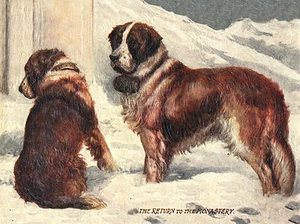 HEILIGER BERNARD ZWEI HUNDE VOR DEM KLOSTER SCHÖNER HUND GRUSS NOTIZKARTE - Bild 1 von 1