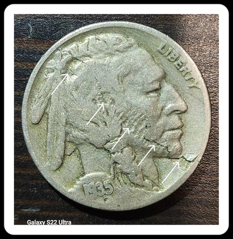 1935 5C BUFFALO NICKEL "SCAR FACE"  STRIKE THROUGH & LAMINATION ERRORS Cover