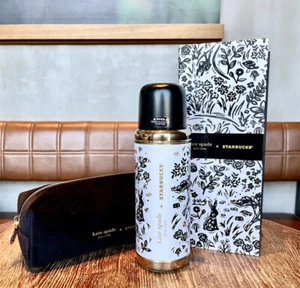 2023 Starbucks Vintage Year of Rabbit Kate Spade Thermos Cup 16oz SS New Black W - Picture 1 of 7