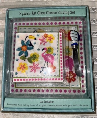 BW Boston Warehouse Tempered Glass Cheese Tray Flamingo W/ Spreader & Napkins - Image 1 of 4