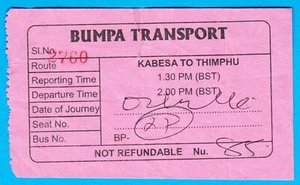 KINGDOM OF BHUTAN 2016 BUMPA TRANSPORT BUS TICKET ROUTE KABESA to THIMPHU - Picture 1 of 1