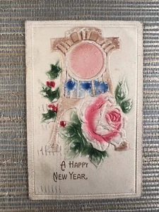 A Happy New Year Clock Rose Holly Embossed Airbrush Velvet Postcard TIC Germany - Picture 1 of 2