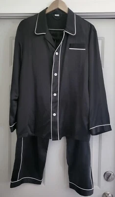 100% Mulberry Silk Custom Made Bespoke Pajamas Black w/ White Piping - NEW - Image 1 of 4