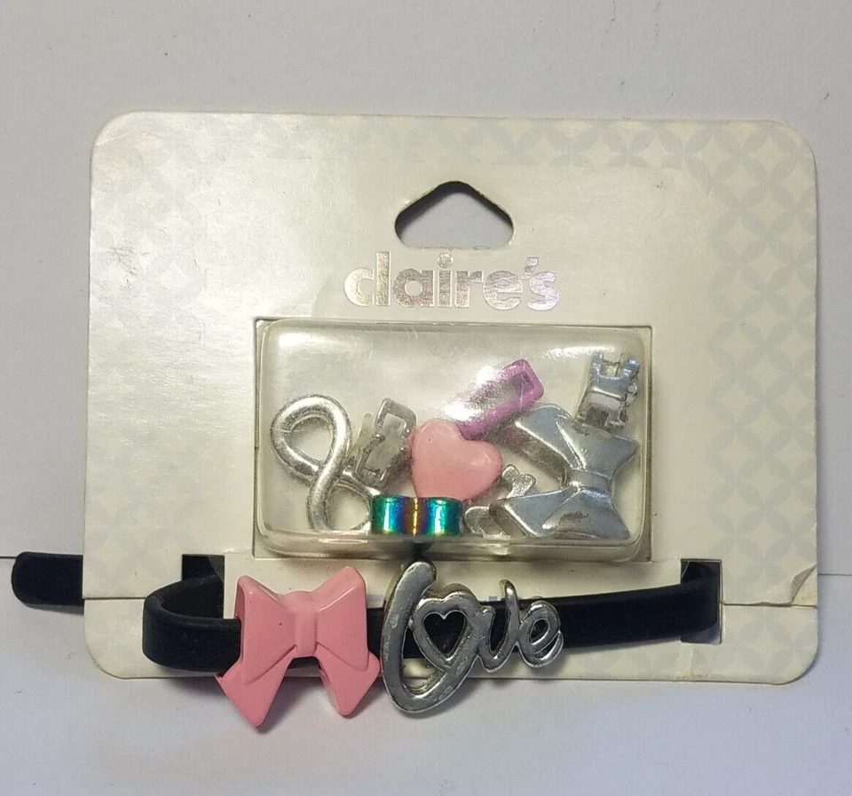 Vtg Nip Claire's Make Your Own Bracelet Kit Black Leather Slide Bracelet Charms - Image 1 of 4
