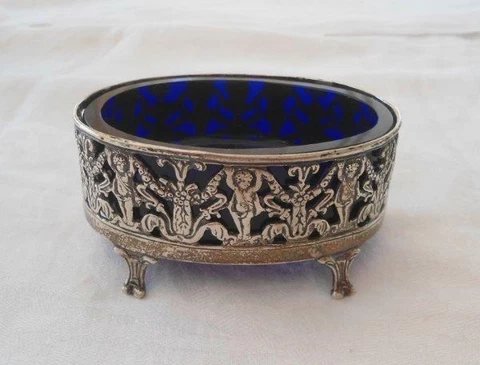 Antique European Sterling Silver Master Salt Cherubs Cobalt Blue Glass Open Dip Cover