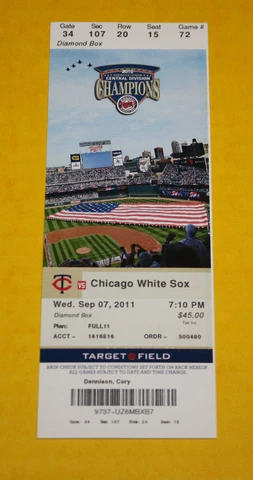 Minnesota Twins Ticket Stub | September 7 2011 | Dylan Alexrod Debut Joe Mauer Cover