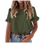 Women's Short Sleeve Casual T Shirts Summer Ruffle Plain Round Neck Loose Fit