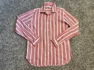Camisa Orlebar Marrón Abotonada Lino Rayas Blanco Rojo Para Hombres XL Playa Luz Verano Foto 1 de 4