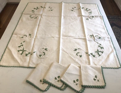 复古卡片桌布 MCM 绿色刺绣 4 餐巾亚麻混纺 — 第 1/4 张图片