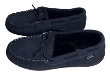 CLARKS 10 M BLACK SHEARLING SLIPPERS MOCCASINS SHOES SUEDE 22SH-011