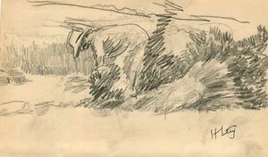 Vintage Pencil Drawing signed Woman in a Field Garden Sketch - Picture 1 of 8