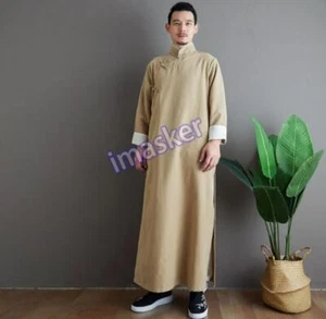 Bata suelta de color puro manga larga Pankou cuello alto estilo chino de moda para hombre - Imagen 1 de 28