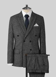 Abito uomo grigio spina di pesce tweed check retrò sposo smoking abito da lavoro matrimonio - Foto 1 di 12