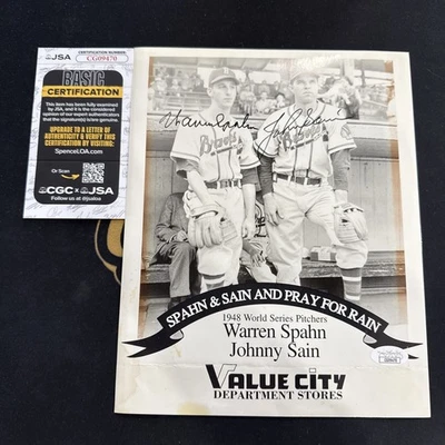 Warren Spahn Johnny Sain Signed 8x10 1948 WS Pitchers Photo *Damaged* JSA COA - Image 1 of 4