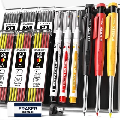 "3PCS Carpenter Pencils with Sharpener, Heavy Duty Woodworking Red+Black+Yellow - Image 1 of 4