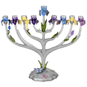 Zion Judaica Artistic Iris Flower Menorah with Intricate Details Unique Flora... - Picture 1 of 7