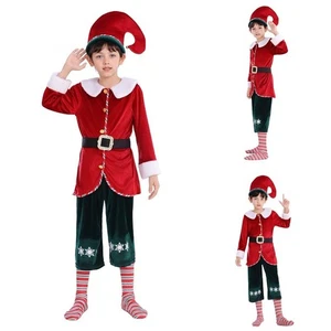 Kids Christmas Elf Costume Long Sleeve Top with Long Pants Socking Hat Waistbelt - Picture 1 of 14