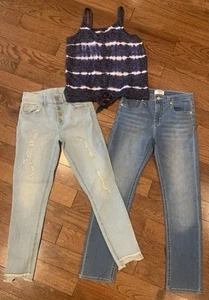 Girls Lot of 3 2 Pair of Jeans & Blue Tye Dye Top SIZE shirt 14/16 Jeans 14 - Picture 1 of 12