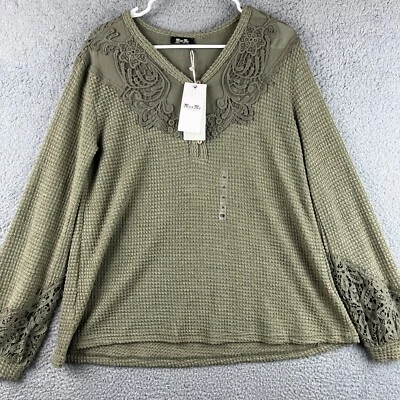 Miss Me Henley Top Womens XS Green Open Weave Waffle Knit Crochet Details - Image 1 of 4