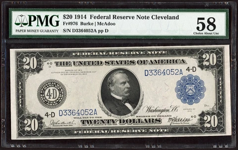 1914 $20 Twenty Dollar Cleveland FRN Federal Reserve Note Fr#976 PMG AU 58 Cover