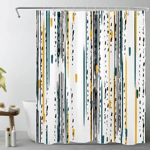 Modern Yellow and Blue Abstract Striped Shower Curtain Bathroom Accessories Set - Picture 1 of 21