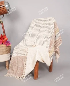Indian Handwoven Cotton Throw Blanket 50"x70" Bohemian Décor Sofa With Fringes - Picture 1 of 8