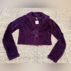 Free People Mina Cardigan Eyelash Knit Cropped Sweater in Purple, Size XS, NWT - Picture 1 of 8